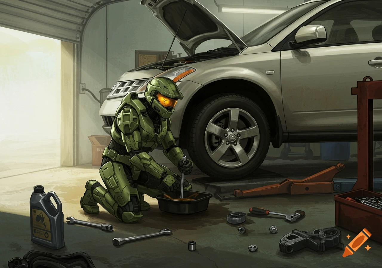 Master Chief changes oil on a Nissan Murano in a garage, surrounded by tools. Digital art style.