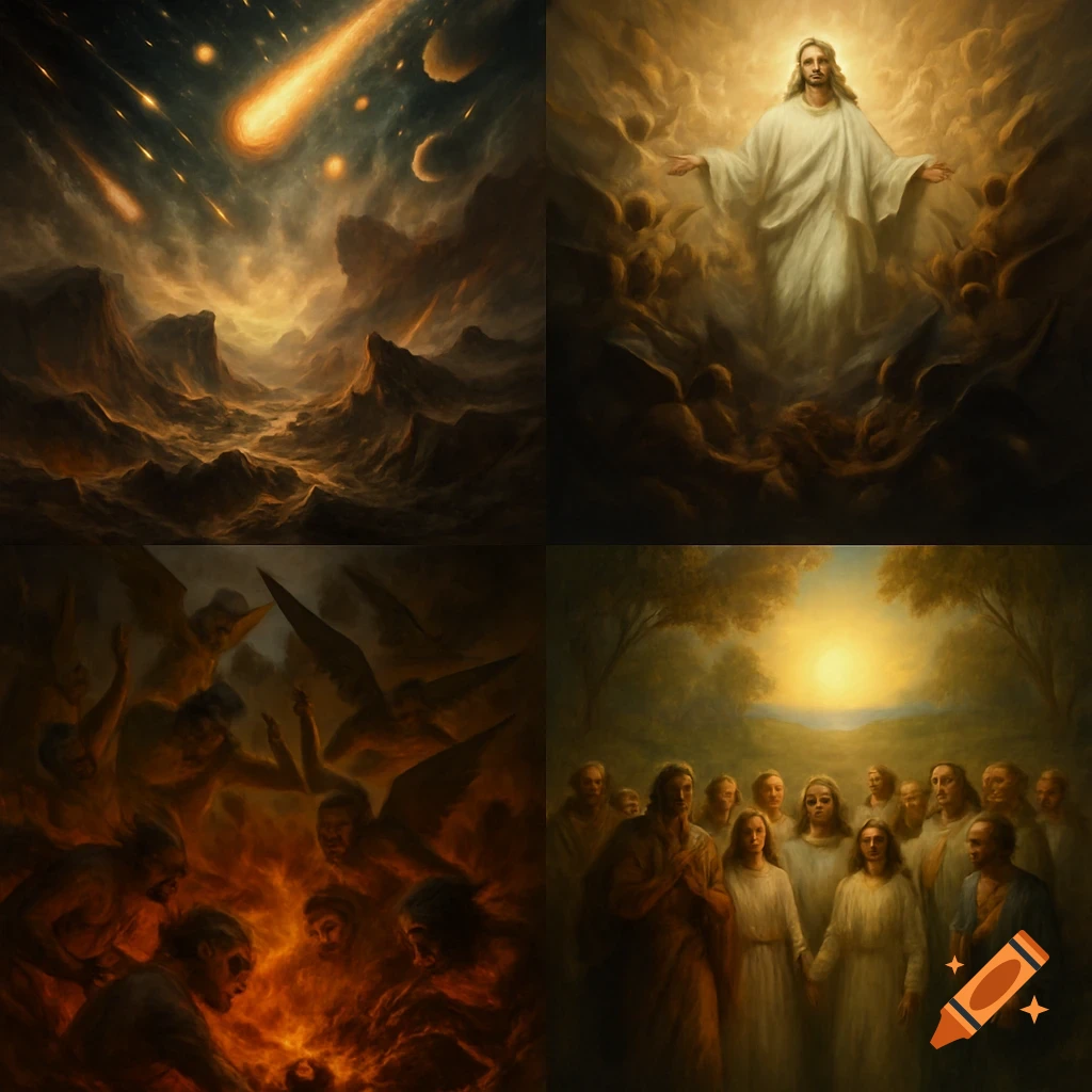 Four panel painting depicting cosmic judgment, Christ's arrival, the damned in fire, and the saved in peace.
