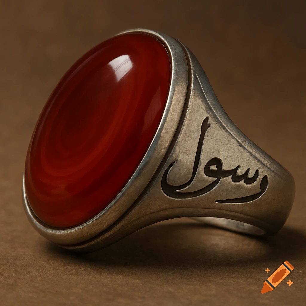 Silver ring with a polished red agate gemstone and Persian calligraphy inscription.