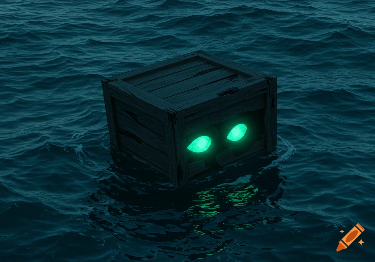 A wooden crate with glowing green eyes floats on dark water.