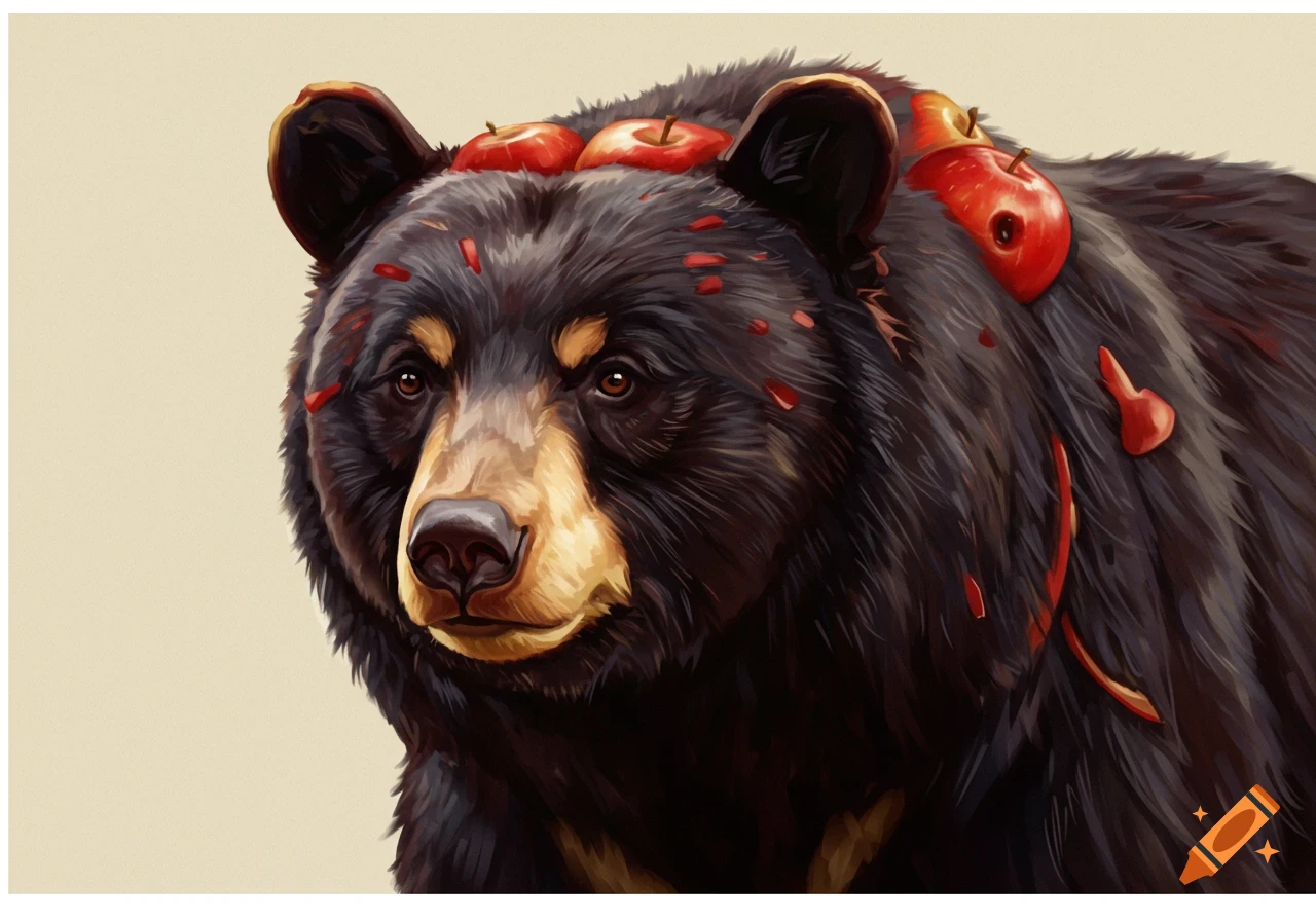 Close-up illustration of a black bear with apples on its head and fur.