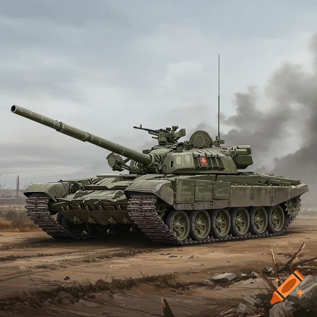 A detailed illustration of a green military tank on a dirt battlefield under a cloudy sky.