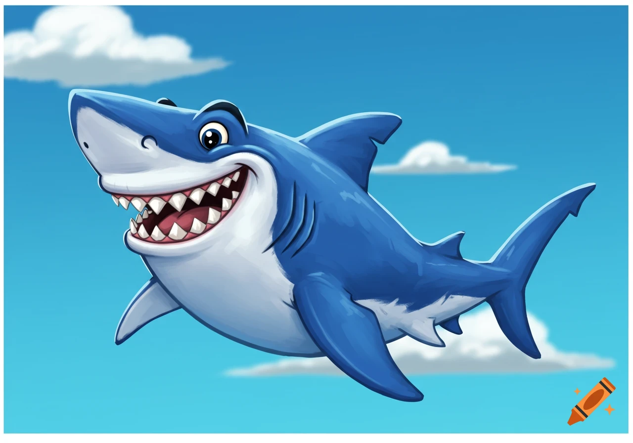 A cartoon shark with a wide smile swims through a blue sky with clouds.