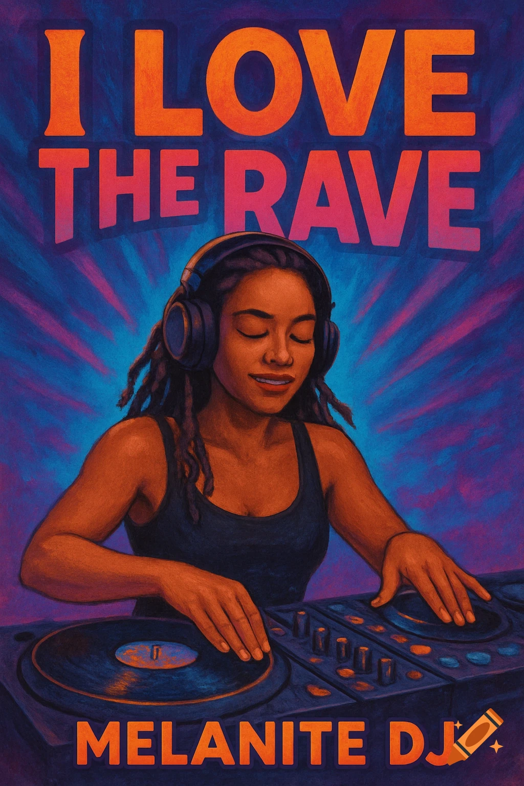 Illustration of a woman DJing with headphones, with text 'I LOVE THE RAVE' and 'MELANITE DJ'.
