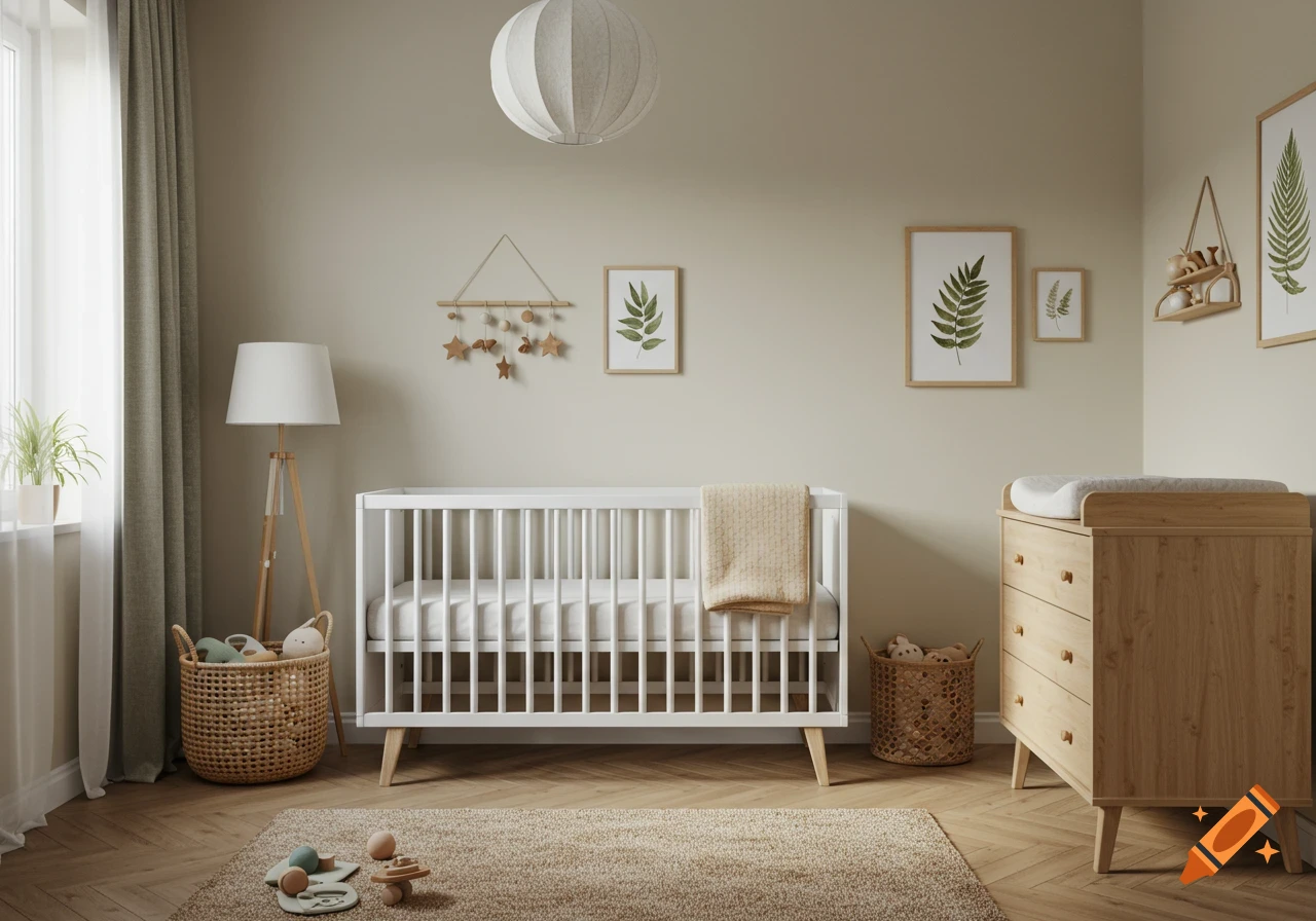 A photorealistic render of a cozy nursery room with a white crib, wooden changing table, and plant print wall art.