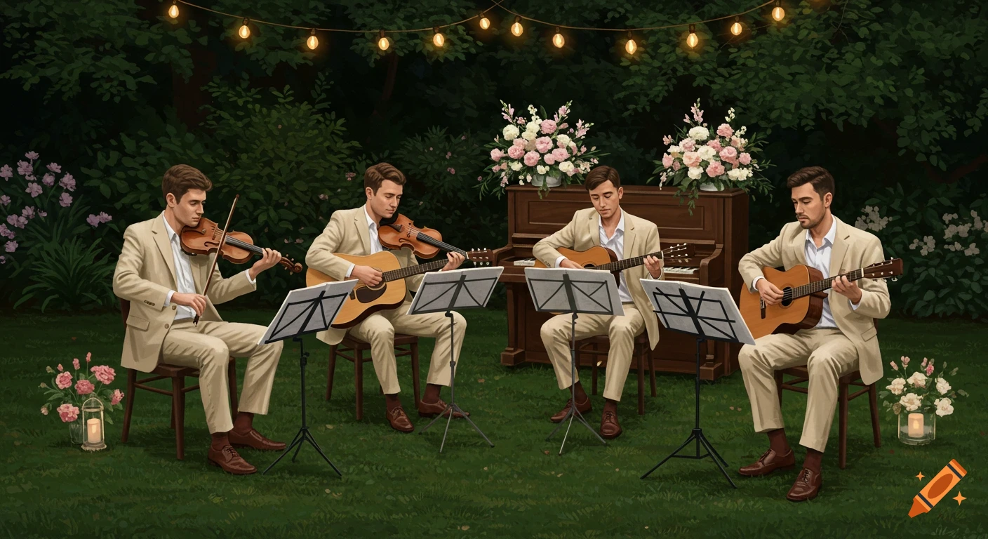 Four men in cream suits playing violin and guitar with a piano in a garden at night, string lights above.
