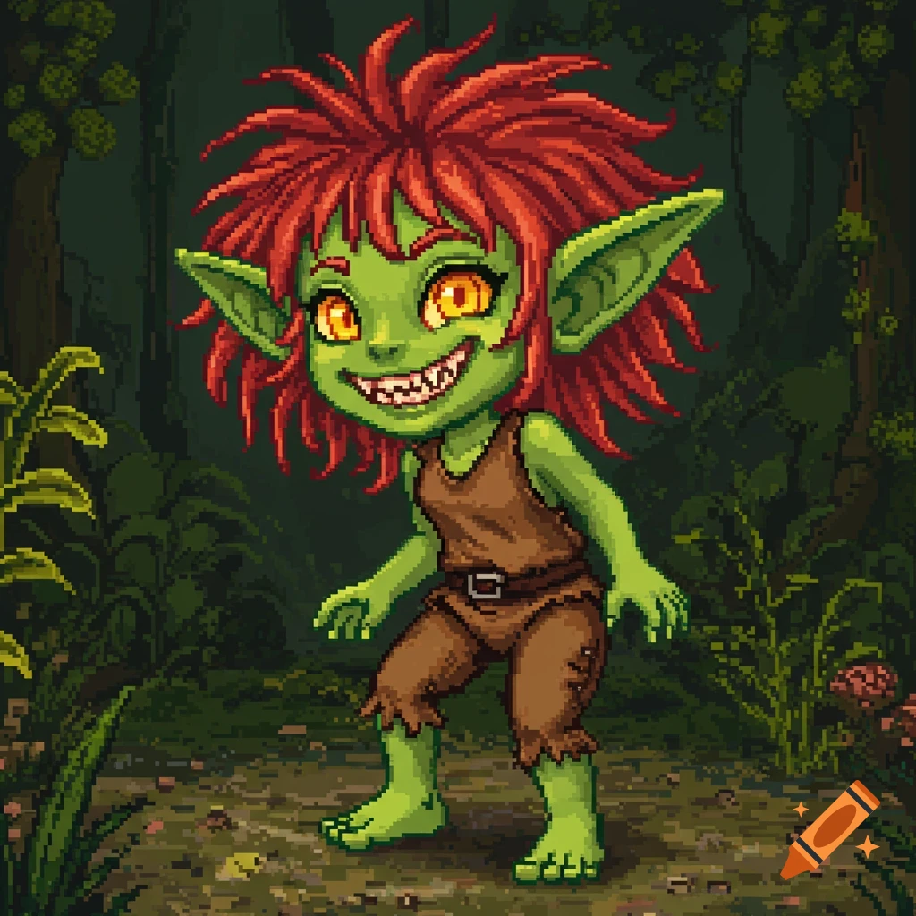 Pixel art fantasy illustration of a cute green goblin girl with red hair and big eyes standing in a forest.