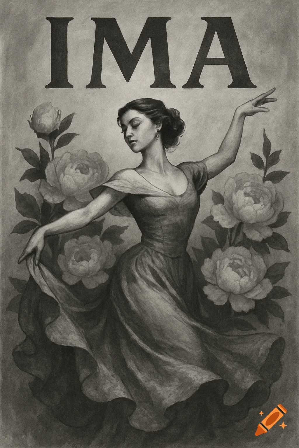 A black and white illustration of a woman dancing surrounded by flowers, with the word "IMA" above.
