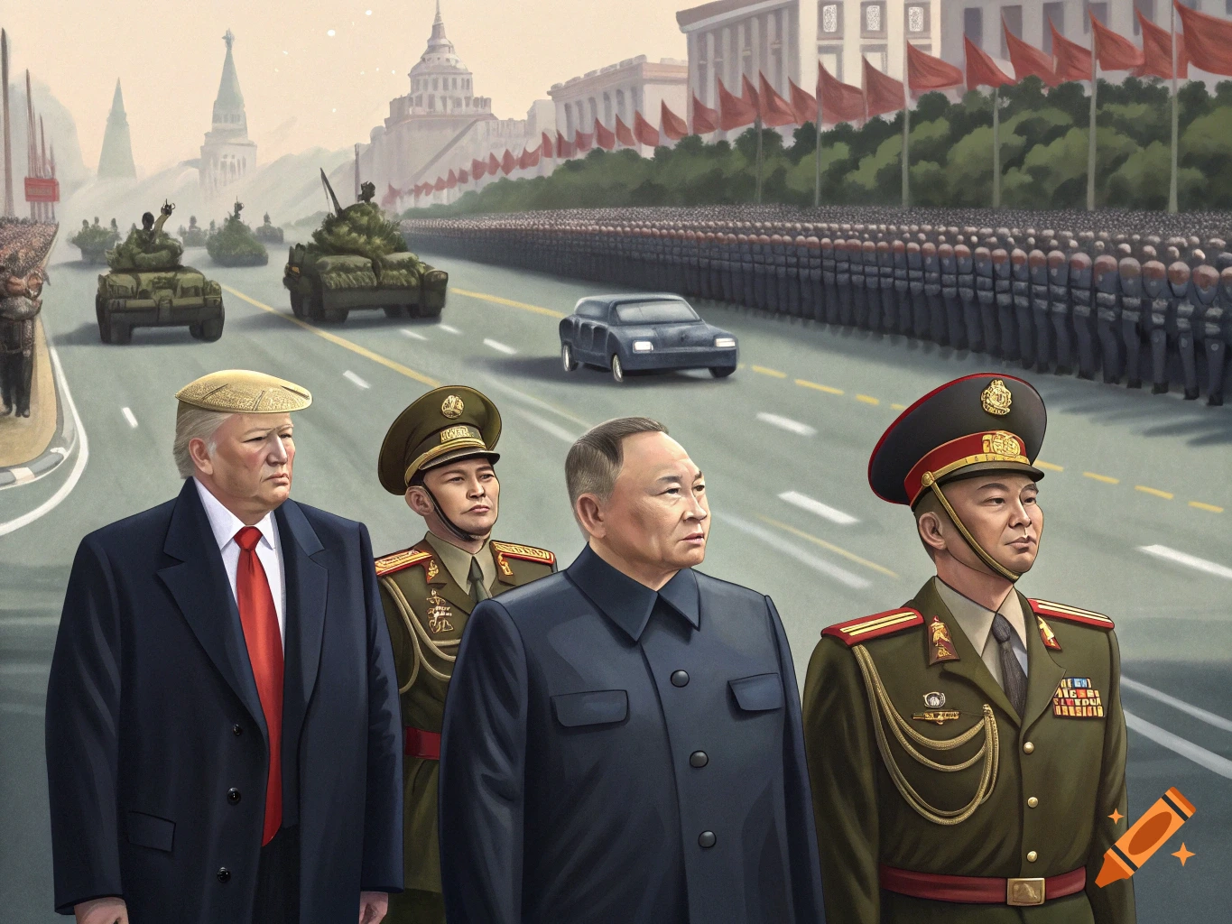 Painting of Trump, a man resembling Xi Jinping, and military officers watching a military parade with tanks and troops.
