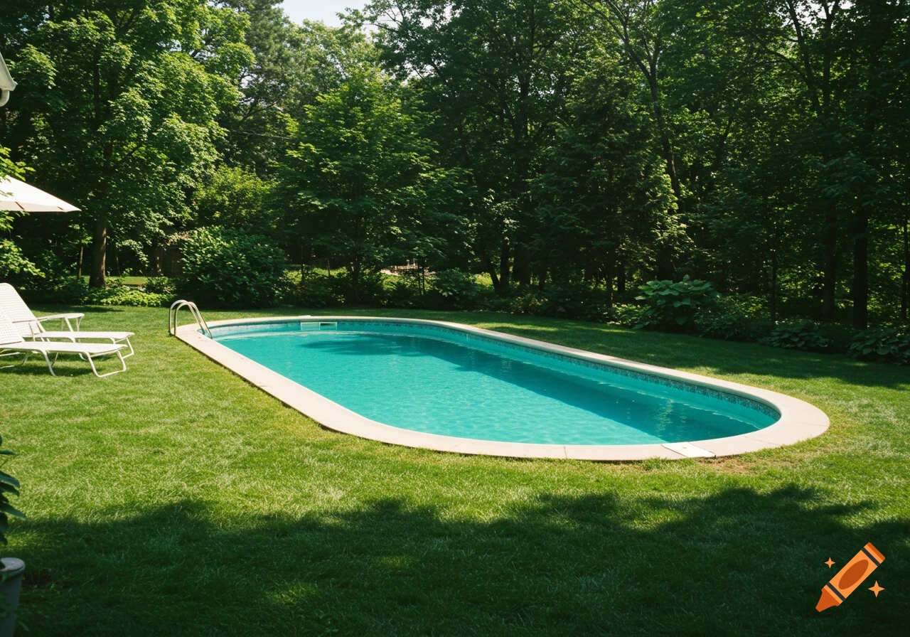 Oval swimming pool in a grassy backyard with lounge chairs and trees