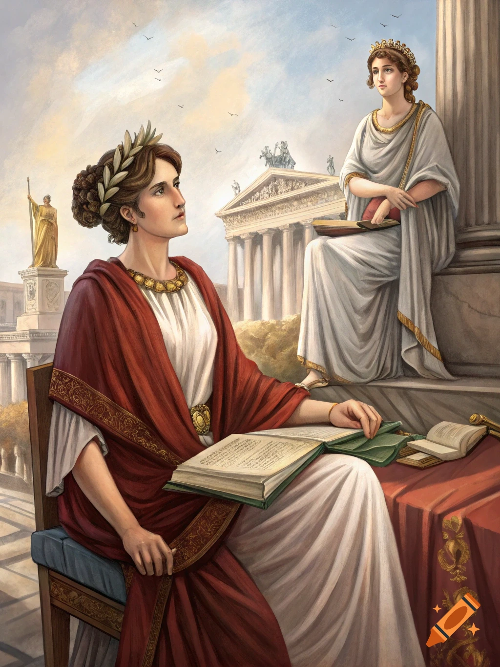 Two women in Roman attire with books in a classical setting with ancient architecture.