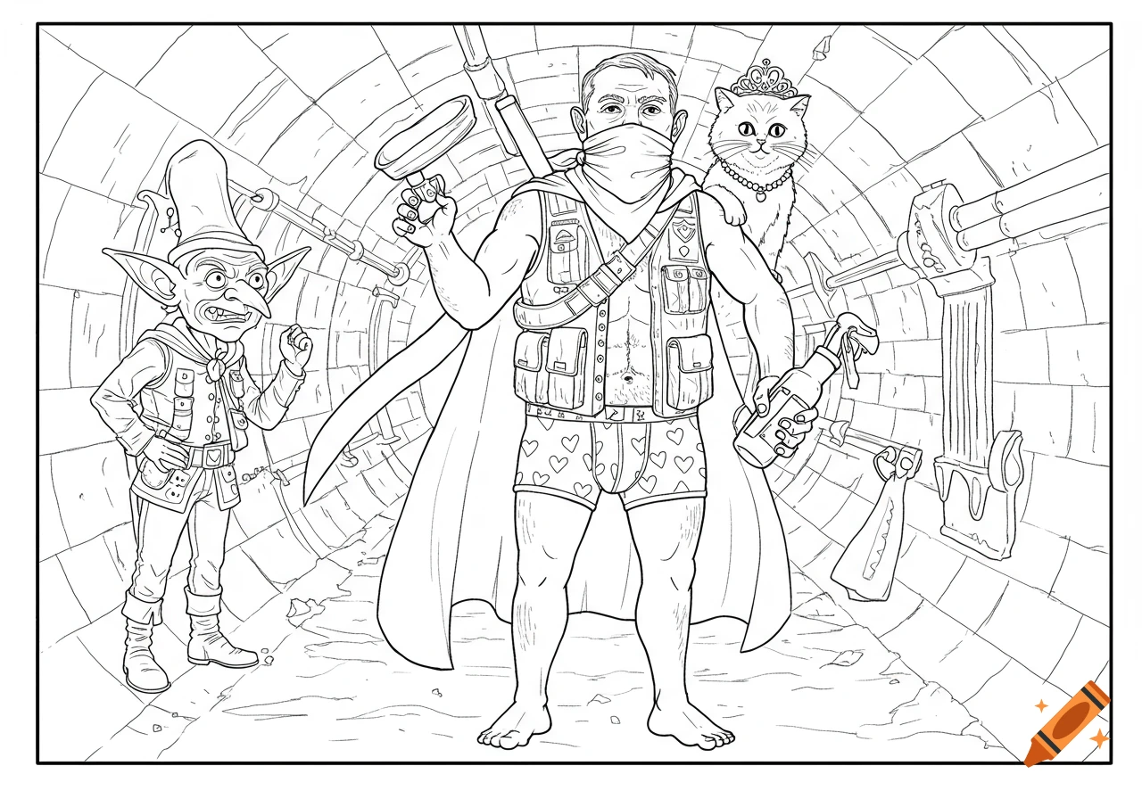 Line art coloring page of a man in heart boxers, vest, and cape holding a plunger with a cat in a tiara and a goblin in a tunnel.