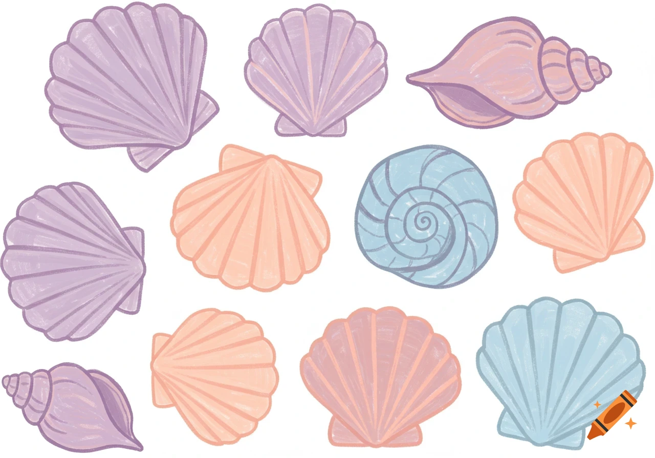 Hand-drawn pastel purple, orange, blue, and pink seashells.