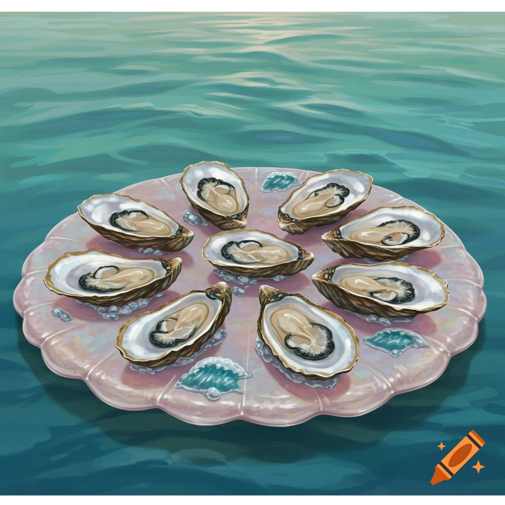 Oysters on a pink scalloped tray floating on water, illustration.