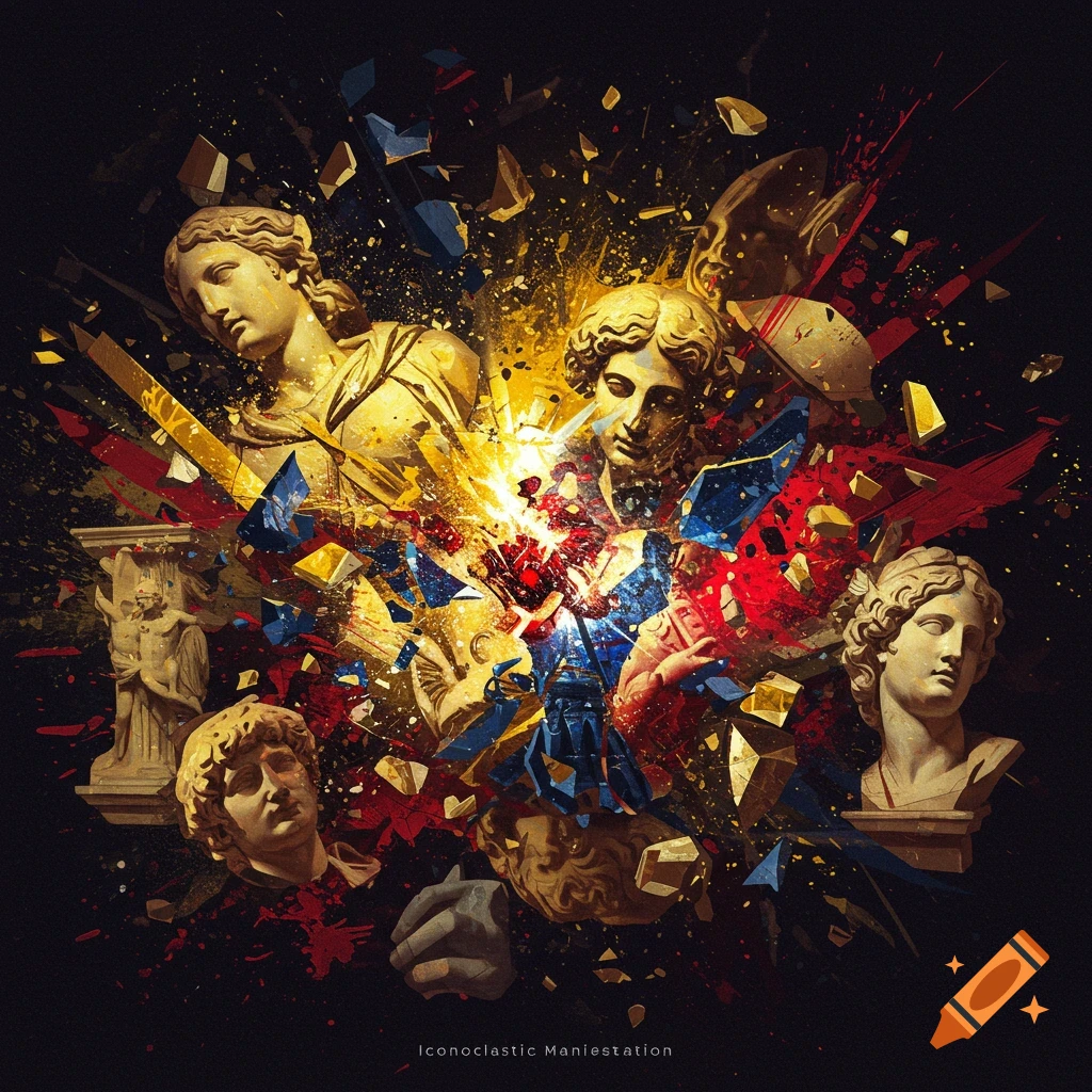 Fragmented classical statues and busts explode outward with colourful shards and splatters against a dark background.