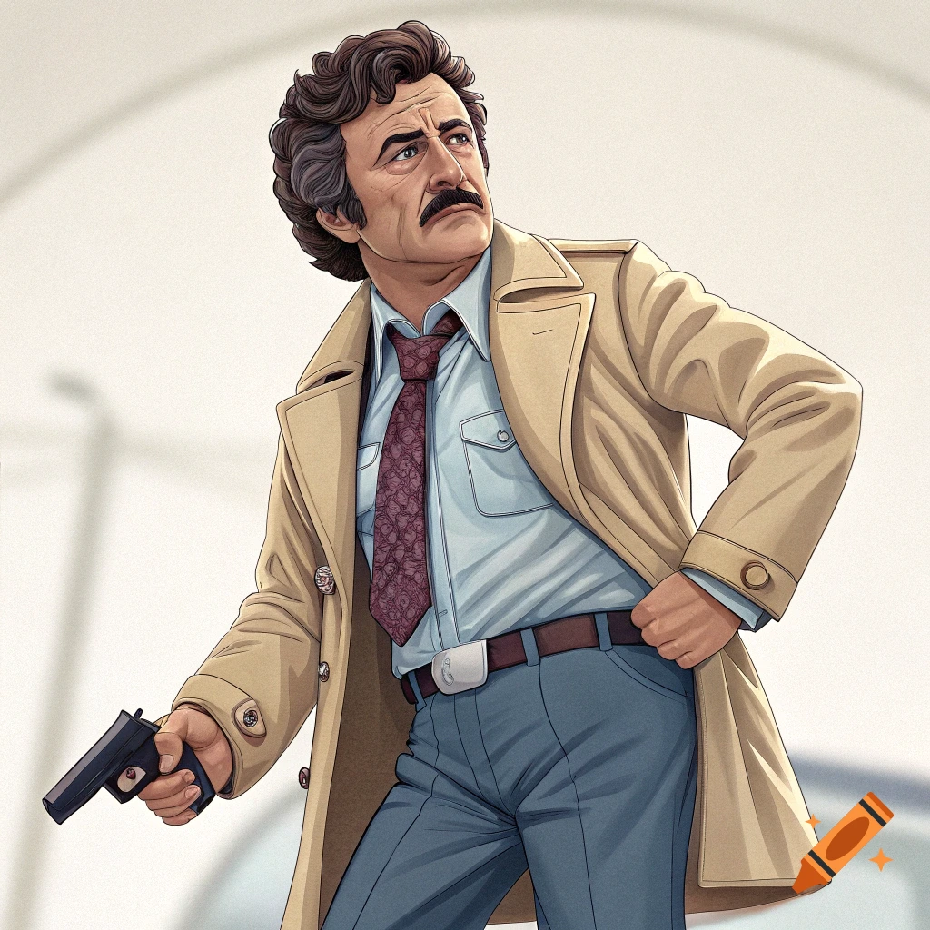A stylized illustration of a man in a trench coat and tie, holding a handgun.