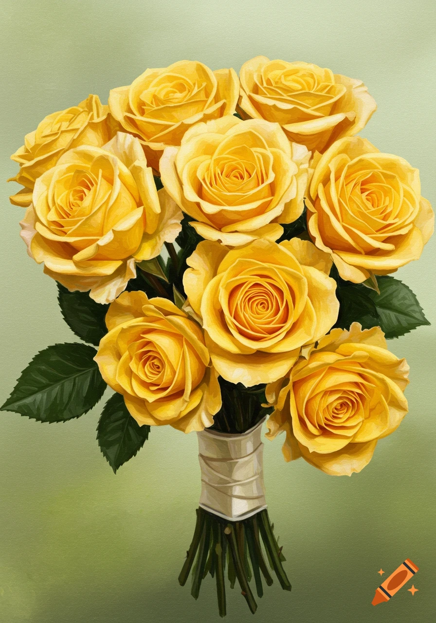 A bouquet of yellow roses wrapped in ribbon against a green background.