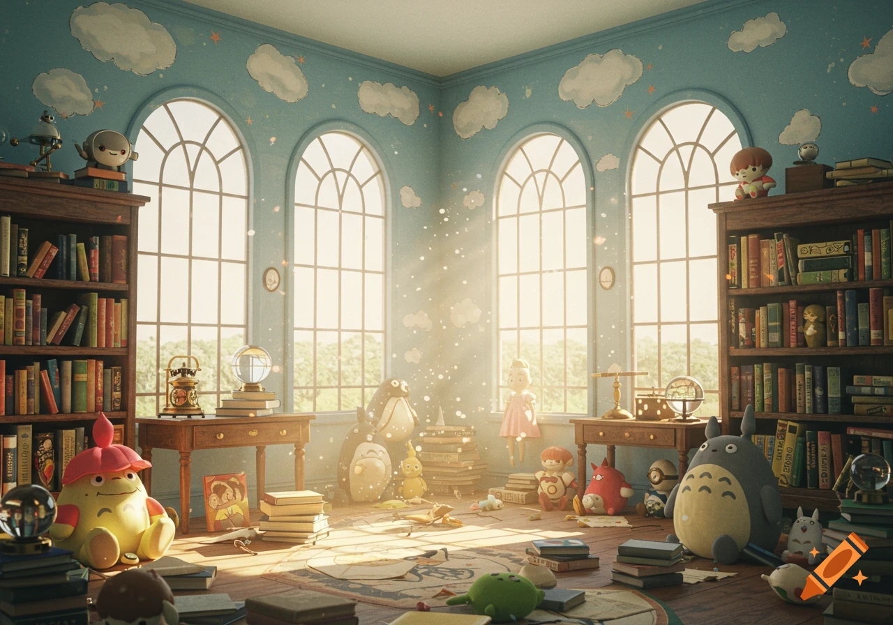 A sunlit room filled with bookshelves, desks, and plush toys, including several resembling characters from Studio Ghibli films.
