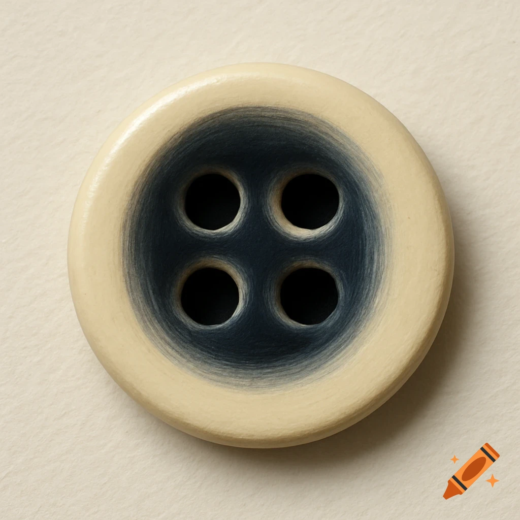 Close-up of a beige button with dark center and four holes, featuring a painted texture.