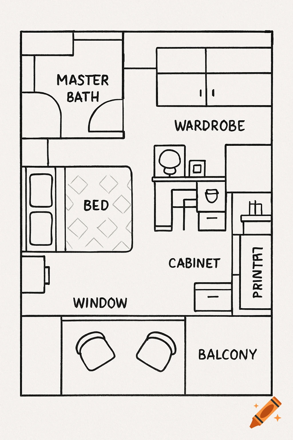Line drawing floor plan of a bedroom layout with bath, bed, wardrobe, and balcony.