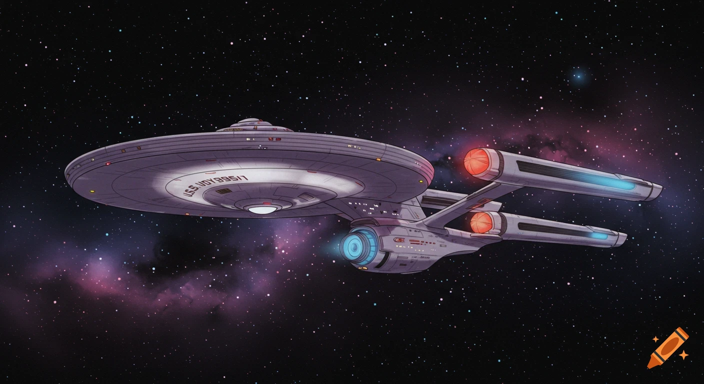 Illustration of the USS Voyager spaceship flying through space with stars and a nebula.