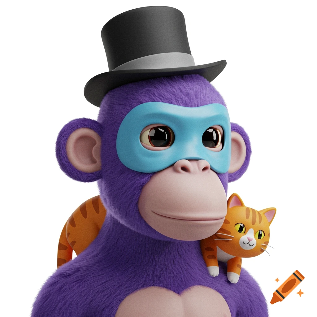 A purple monkey wearing a blue mask and black top hat, with an orange tabby cat on its shoulder, 3D render.
