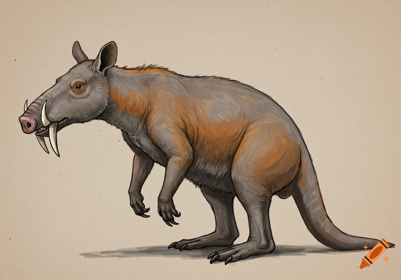 Drawing of a fictional kangaroo ancestor with boar tusks and gray and orange fur.