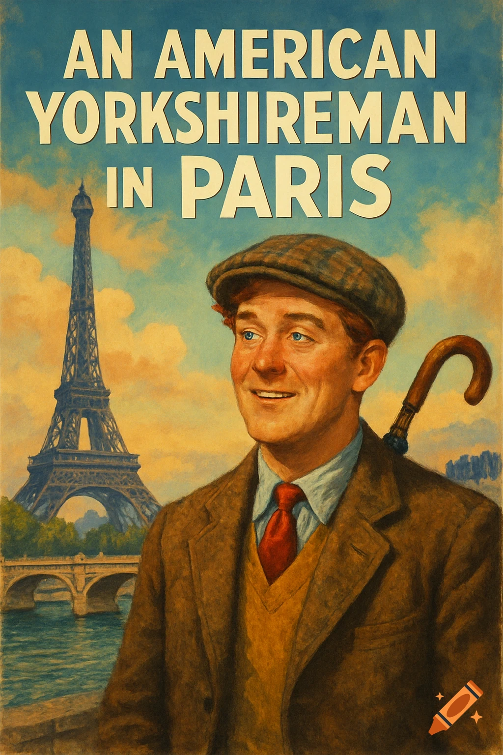 Vintage film poster for "An American Yorkshireman in Paris" featuring a man with an umbrella in front of the Eiffel Tower.