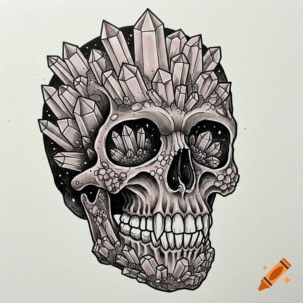 A black and white tattoo flash design of a skull covered in crystals.