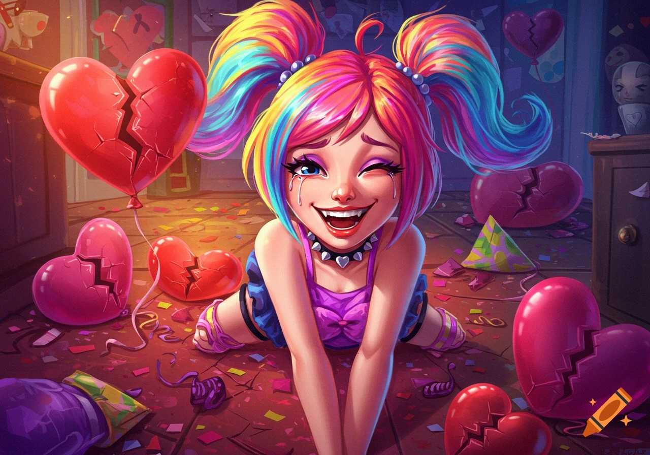 Stylized illustration of a girl with rainbow pigtails crying and laughing among broken heart balloons and confetti.