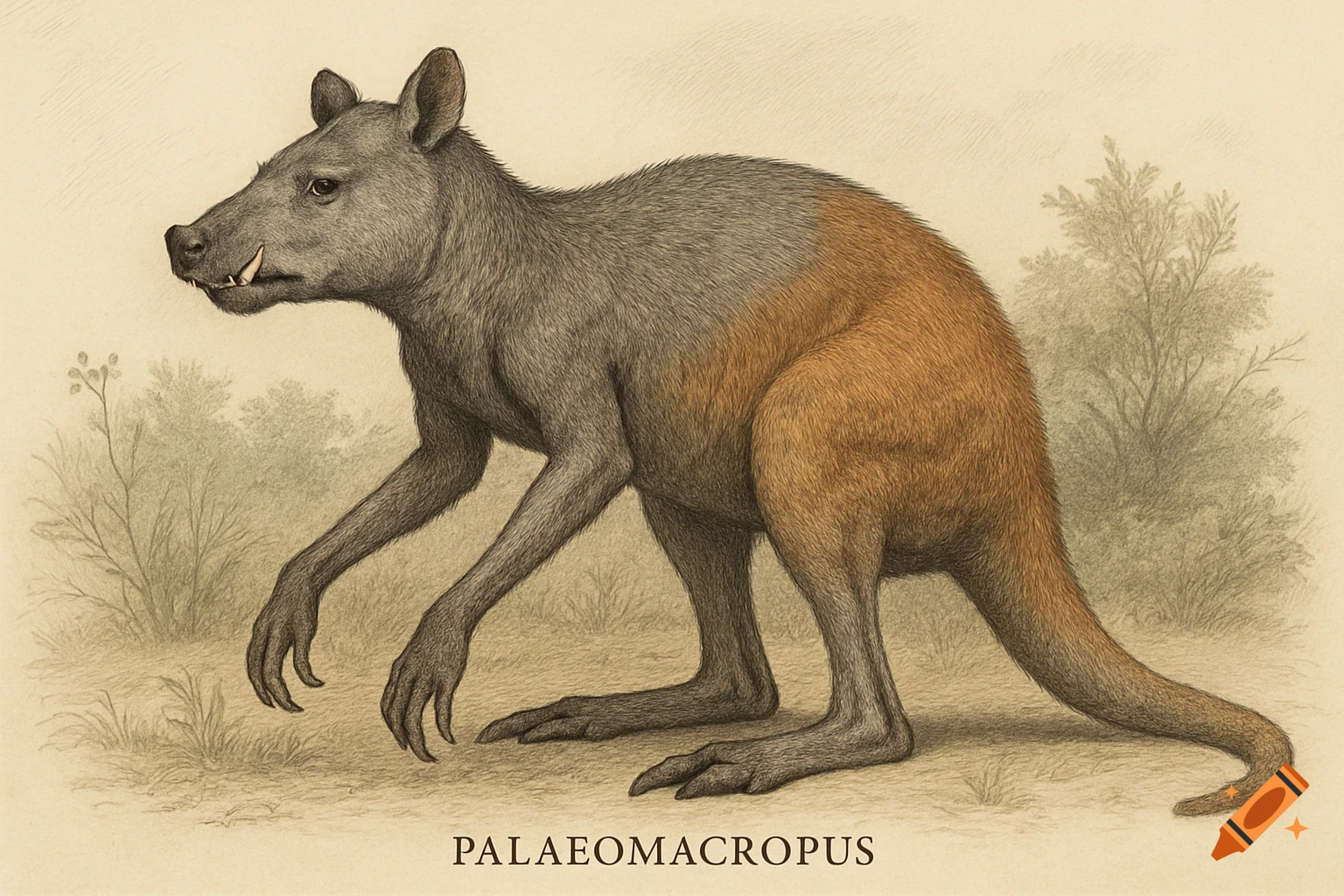 Illustration of a Palaeomacropus, a kangaroo ancestor with tusks, long arms, and gray to orange fur.