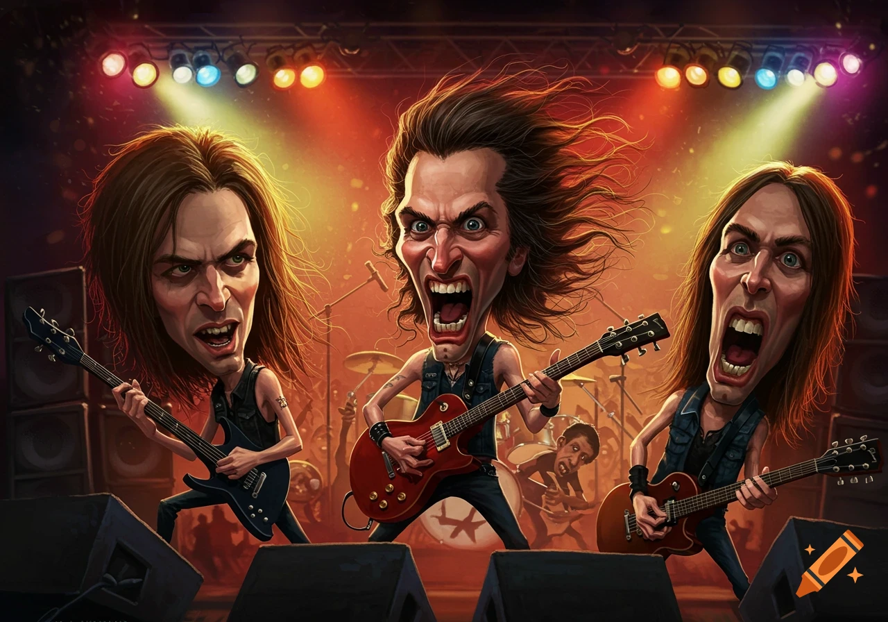 Three exaggerated caricature-style rock musicians aggressively play guitars on stage.