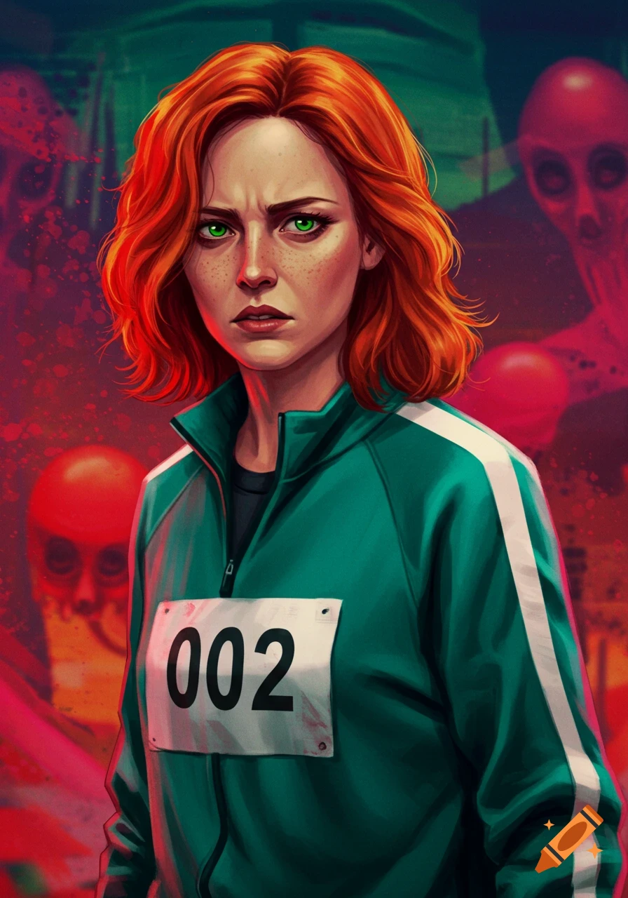 Dramatic illustration of a red-haired woman in a green 002 uniform with blurry figures in the background.