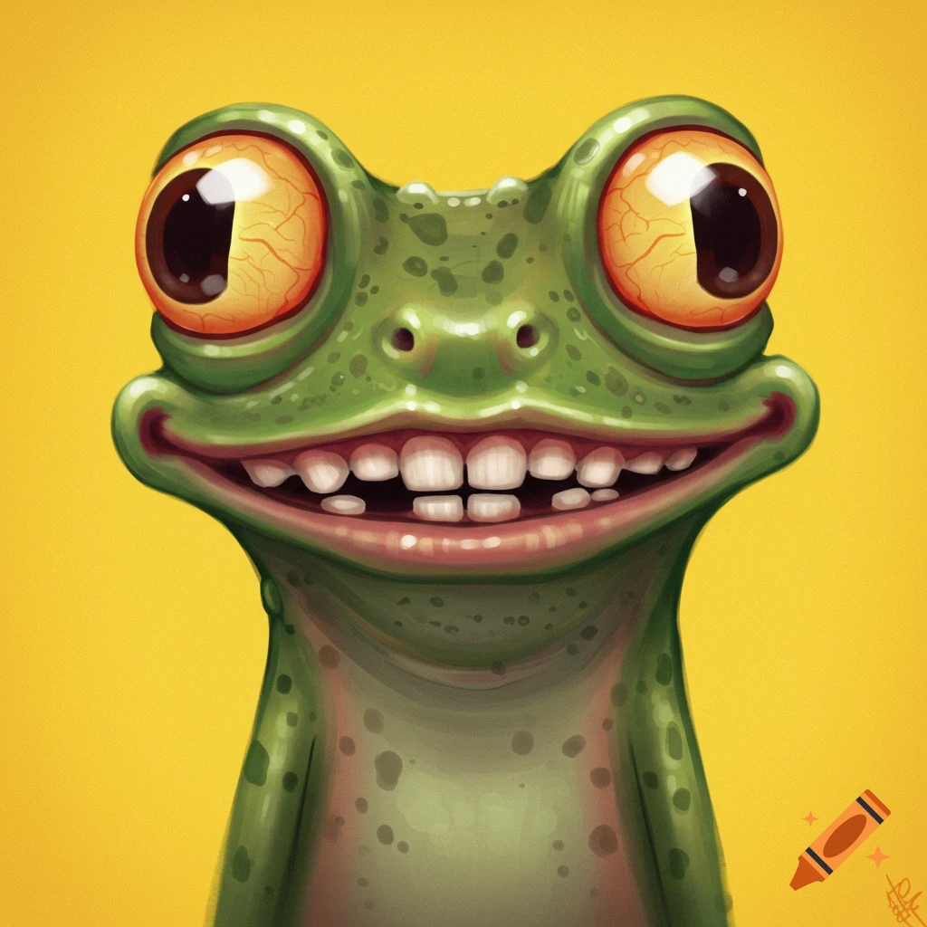 Close-up illustration of a goofy frog with large eyes and a wide grin on a yellow background.