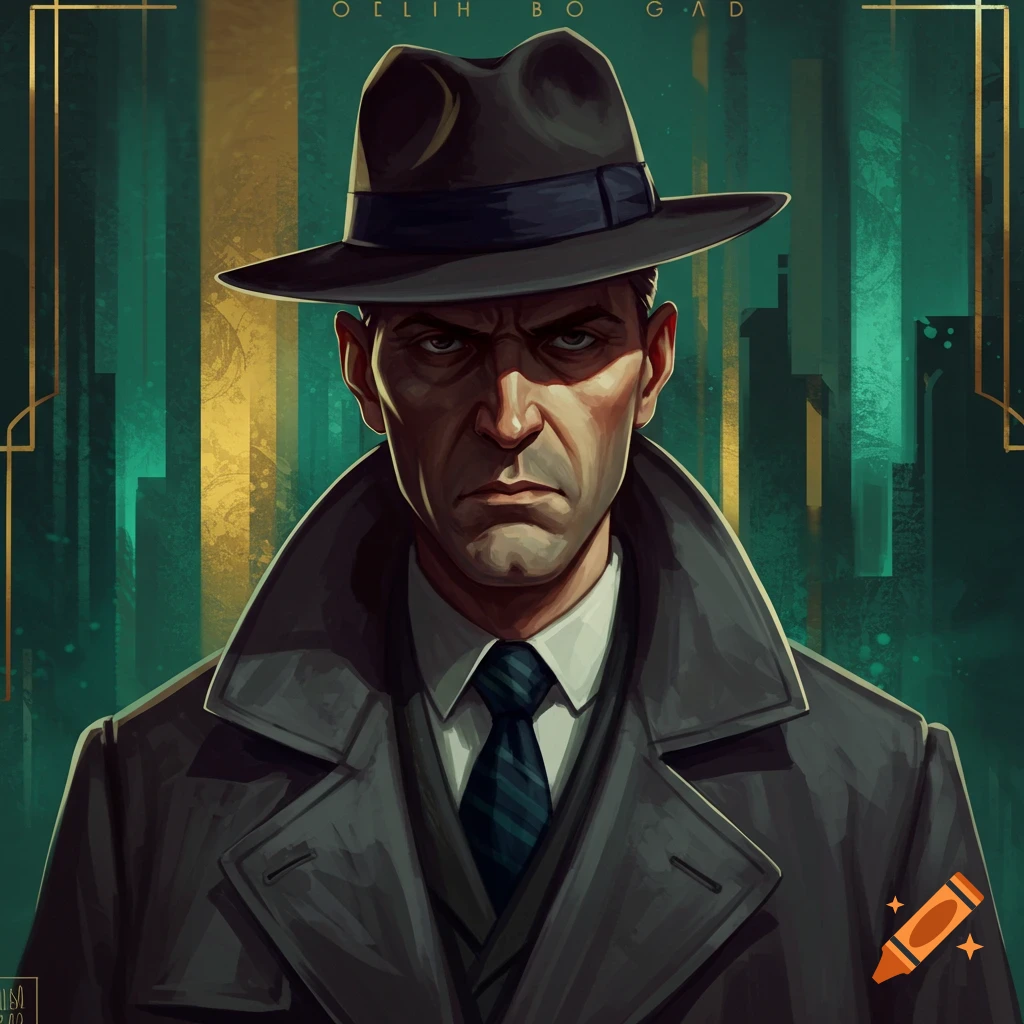 An art deco illustration of a man in a fedora and trench coat with a stern expression