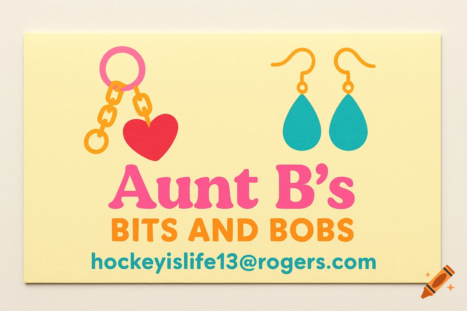 Business card for Aunt B's Bits and Bobs with keychain and earrings icons.