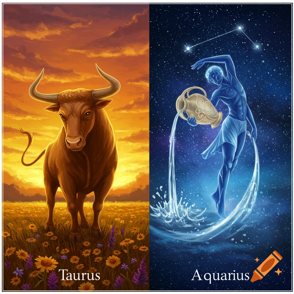 Split image: Left shows a bull (Taurus) in a field under a sunset; right shows a stylized blue figure (Aquarius) pouring water under a starry sky. Illustration style.