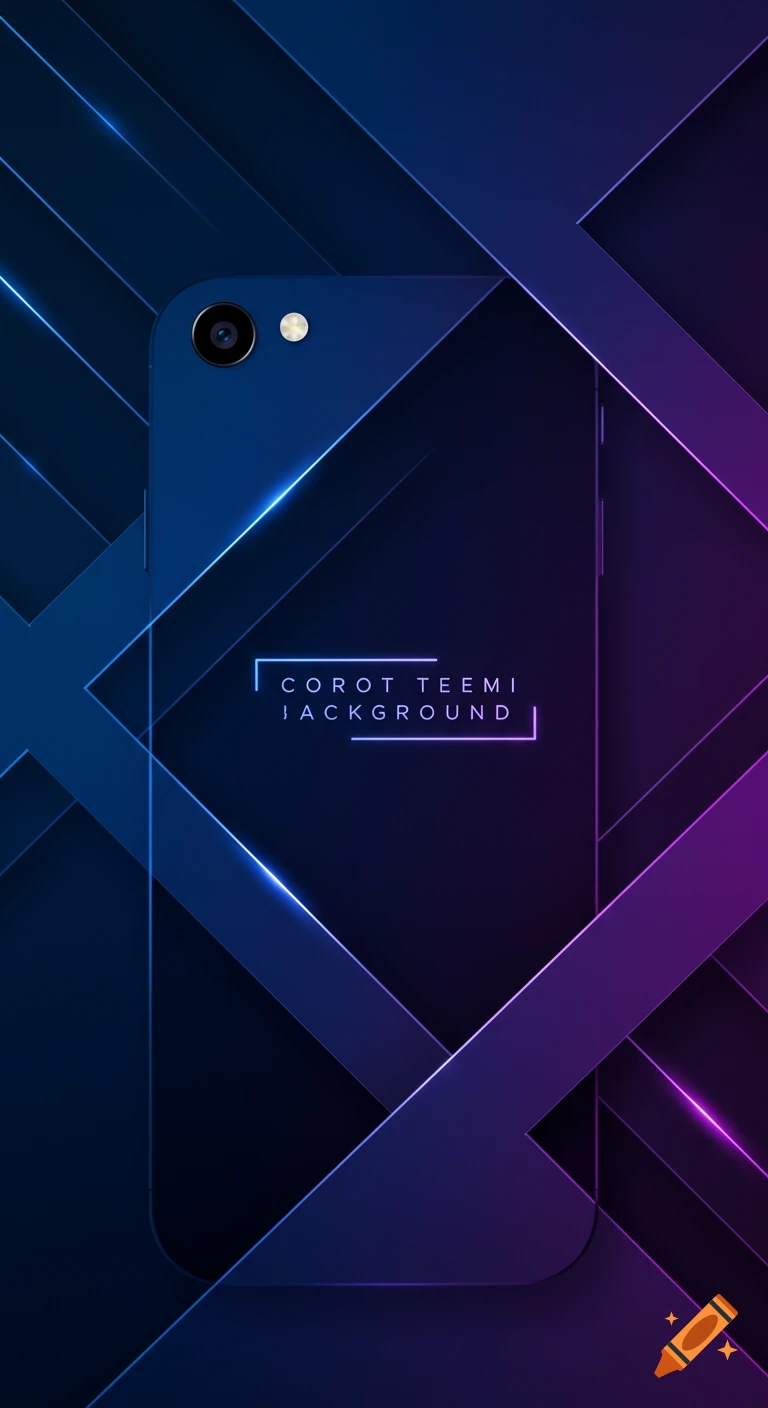 Abstract geometric background with a phone silhouette, blue and purple shapes, and neon lines.