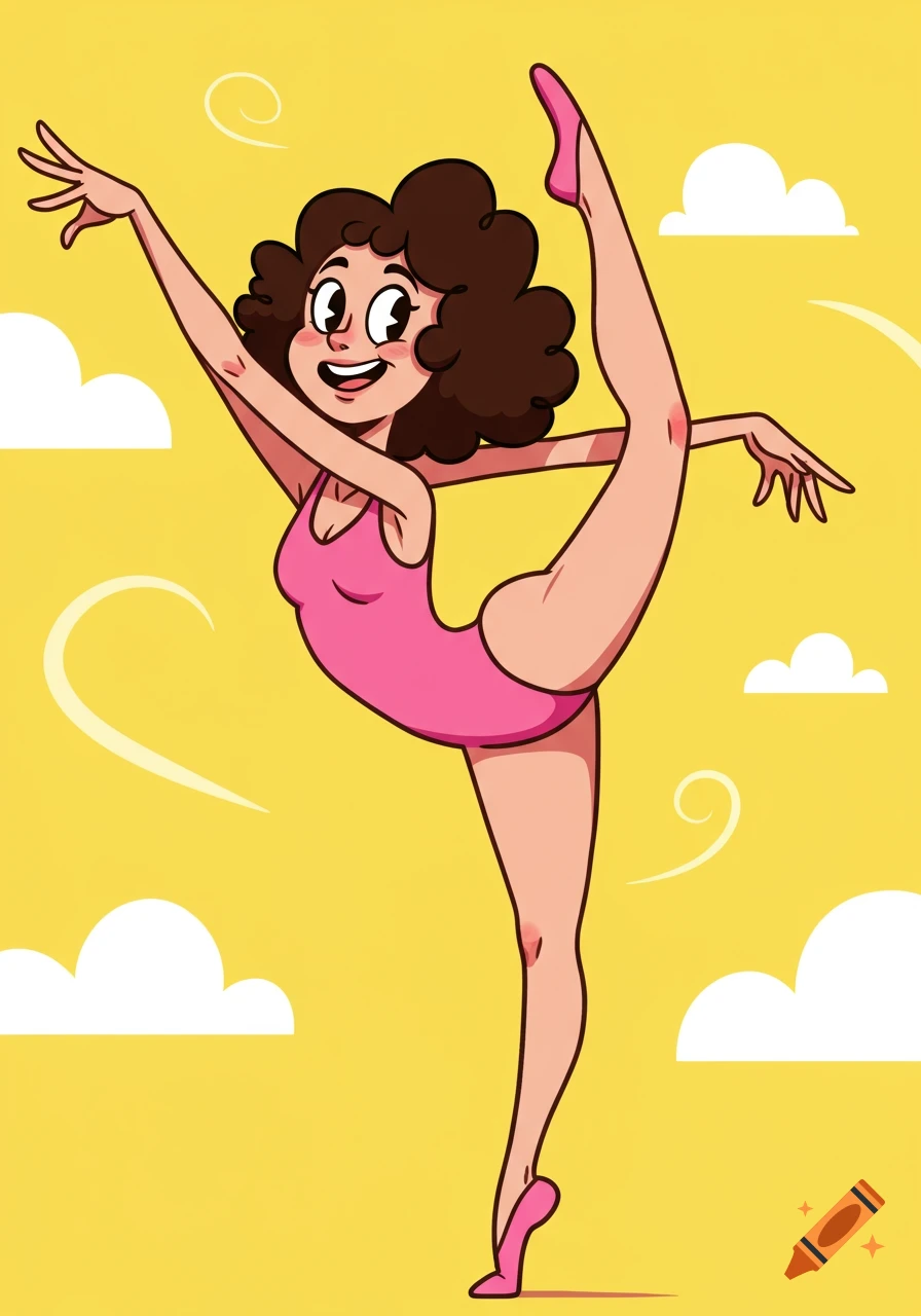 Cartoon woman in pink leotard doing a high leg extension pose.
