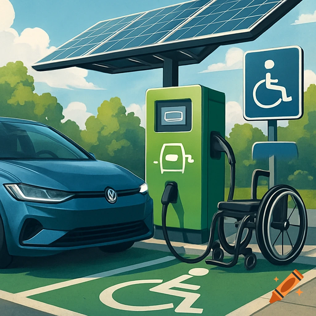 An illustrative image shows an electric car charging at a solar-powered station in an accessible parking spot with a wheelchair nearby.