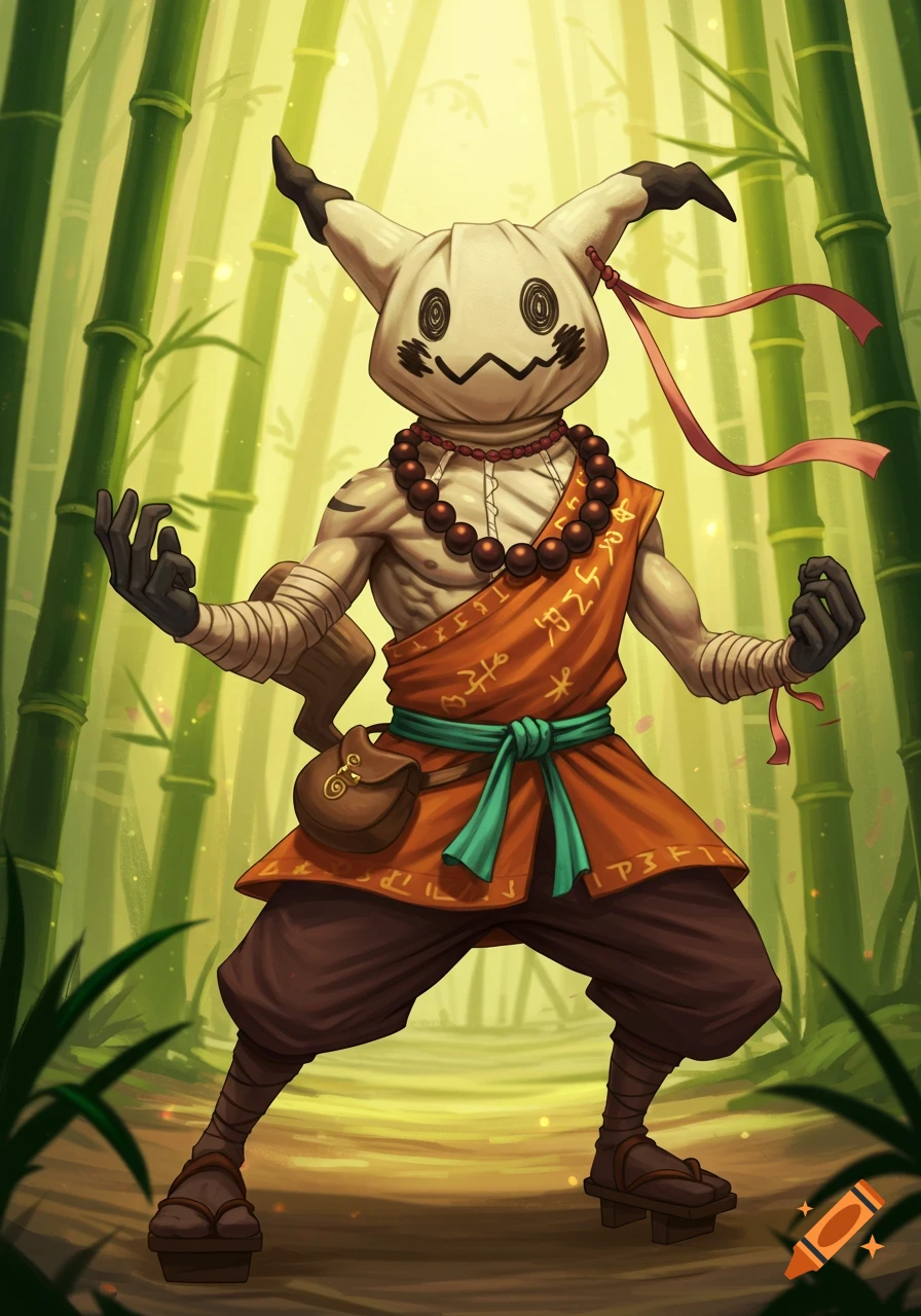A humanoid character resembling Mimikyu dressed as a monk stands in a bamboo forest.