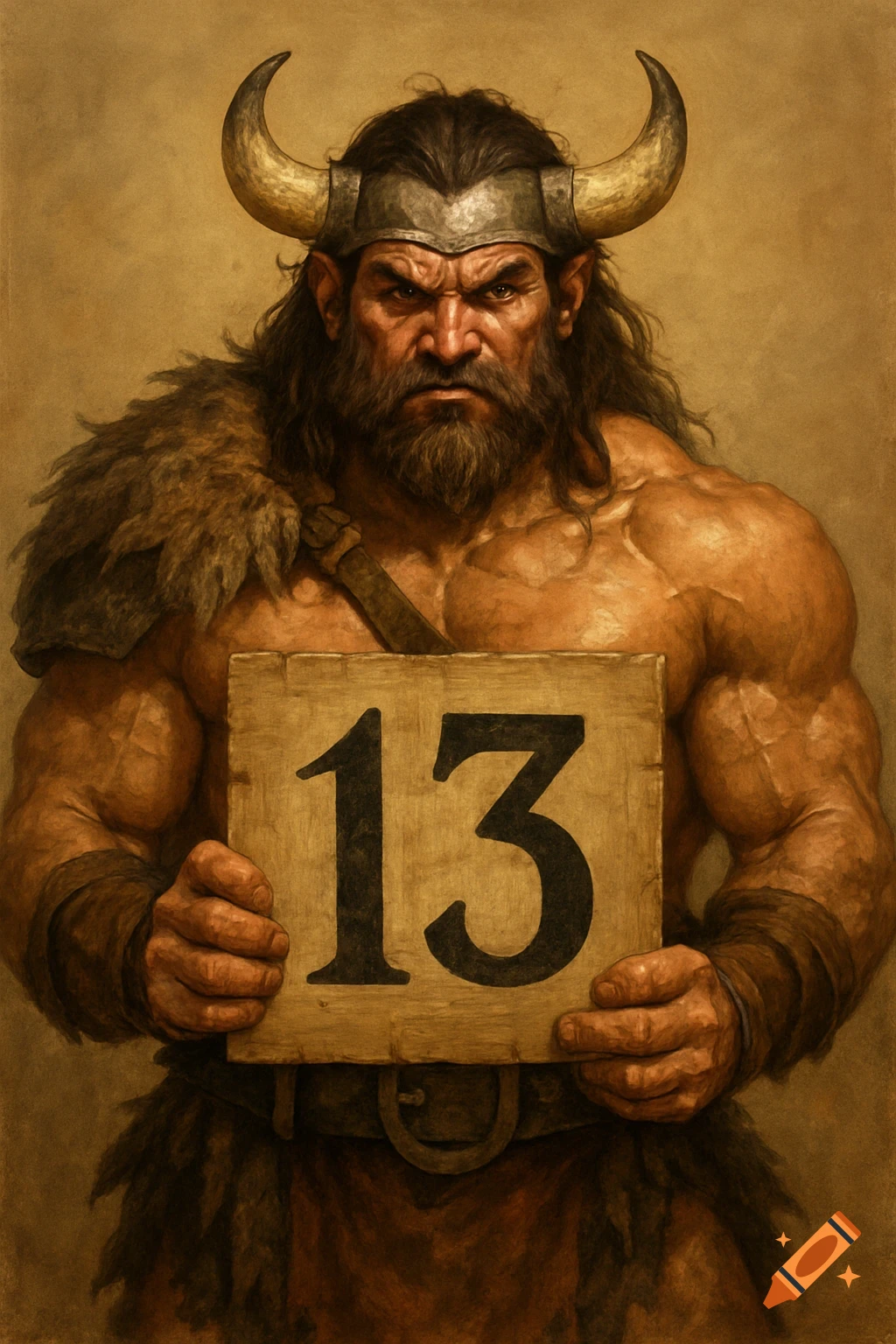 Fantasy barbarian with horned helmet holding a sign with the number 13.