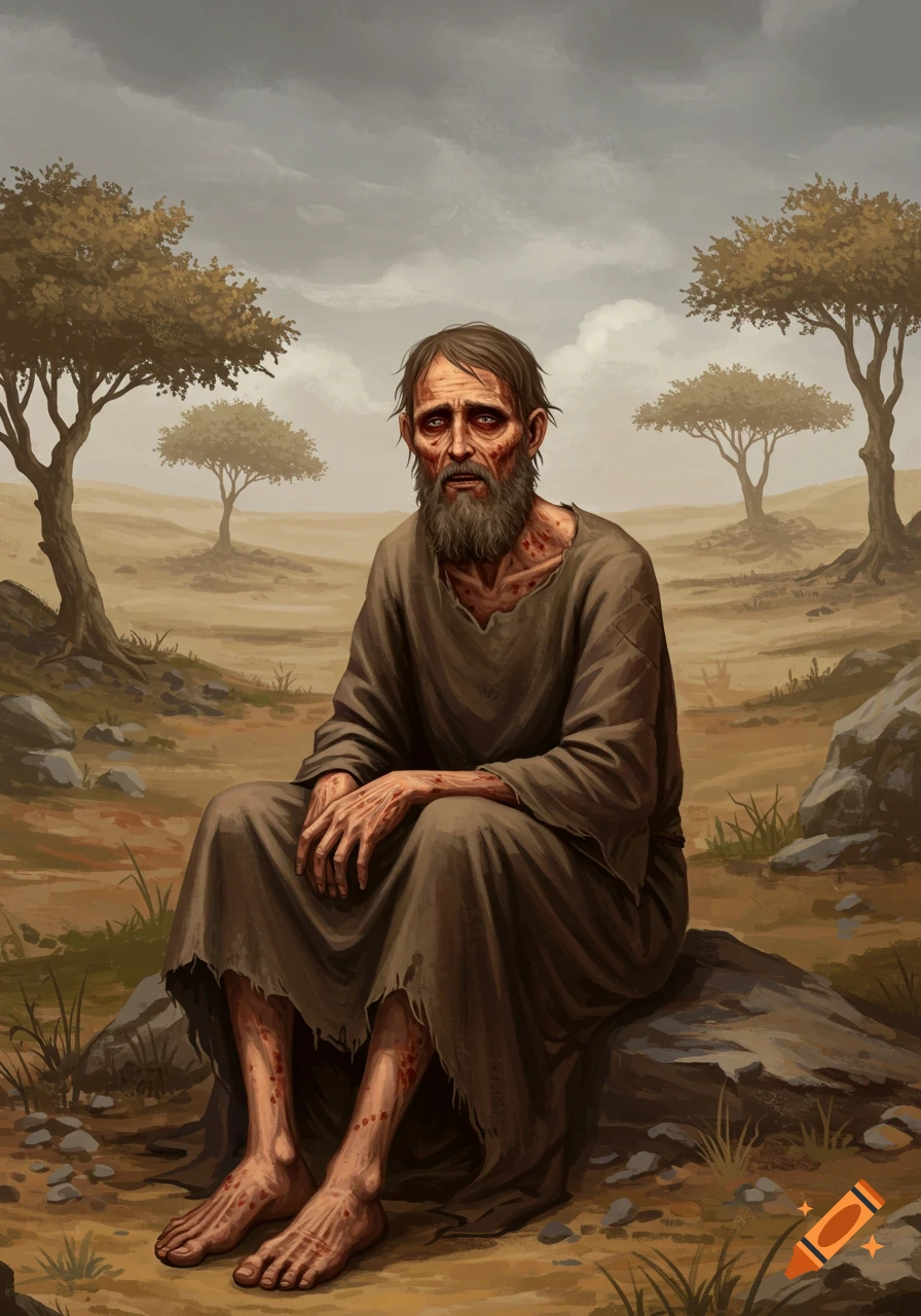 Illustration of a man with leprosy sitting in a desert.