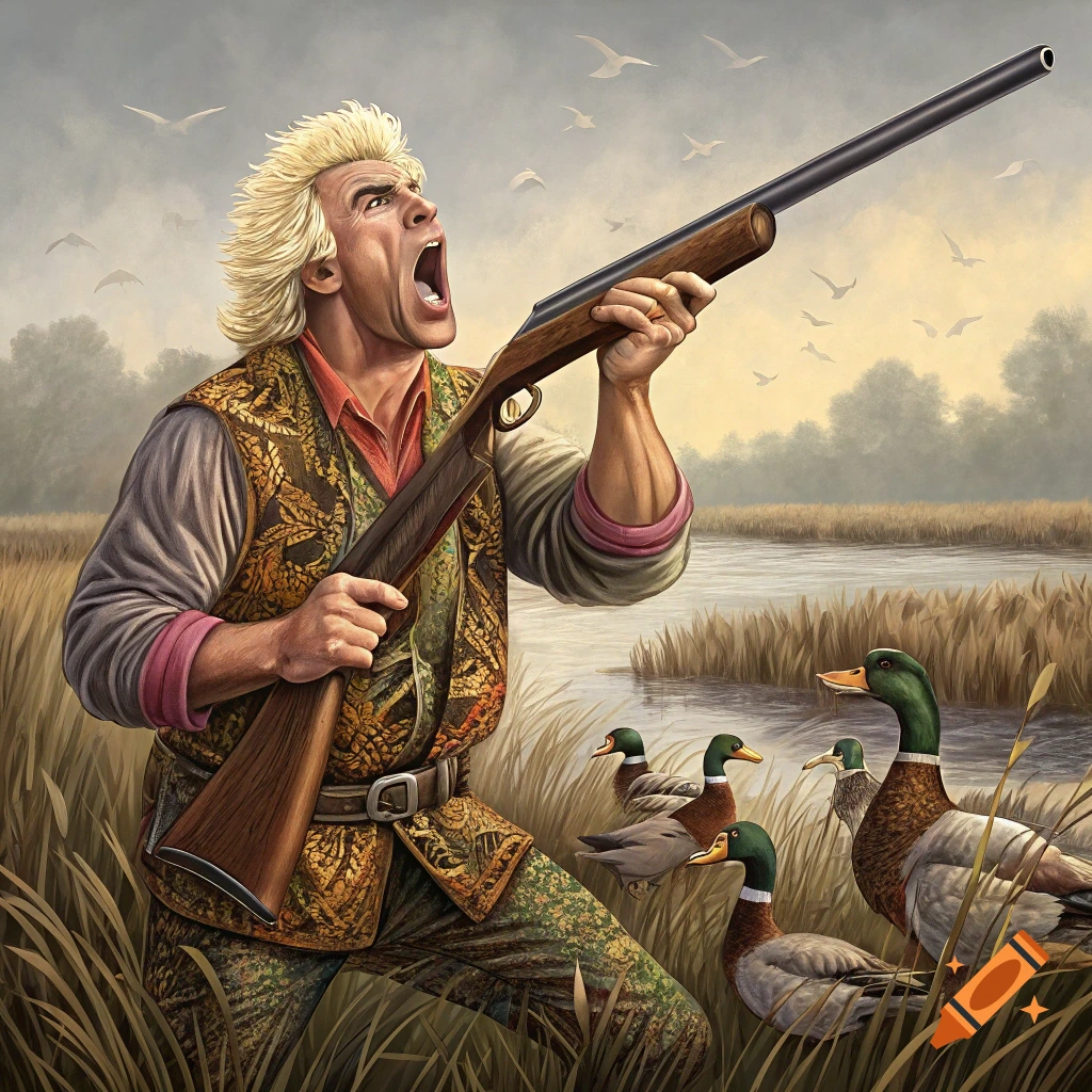 Hunter yelling with shotgun near ducks in a marsh