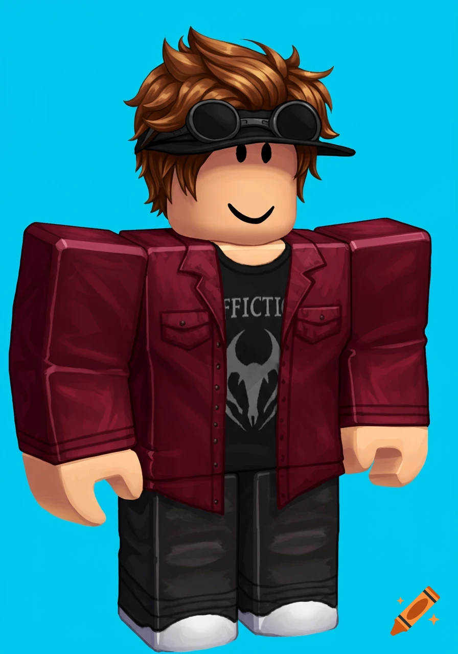 A Roblox character with brown hair and goggles, wearing a maroon jacket and black shirt with a logo.