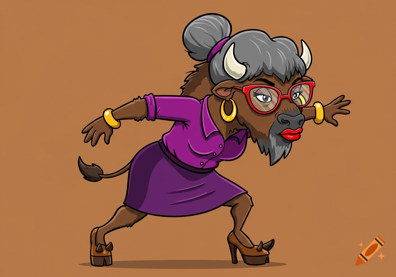 Cartoon bison woman teacher with bun, glasses, purple clothes, and high heels.