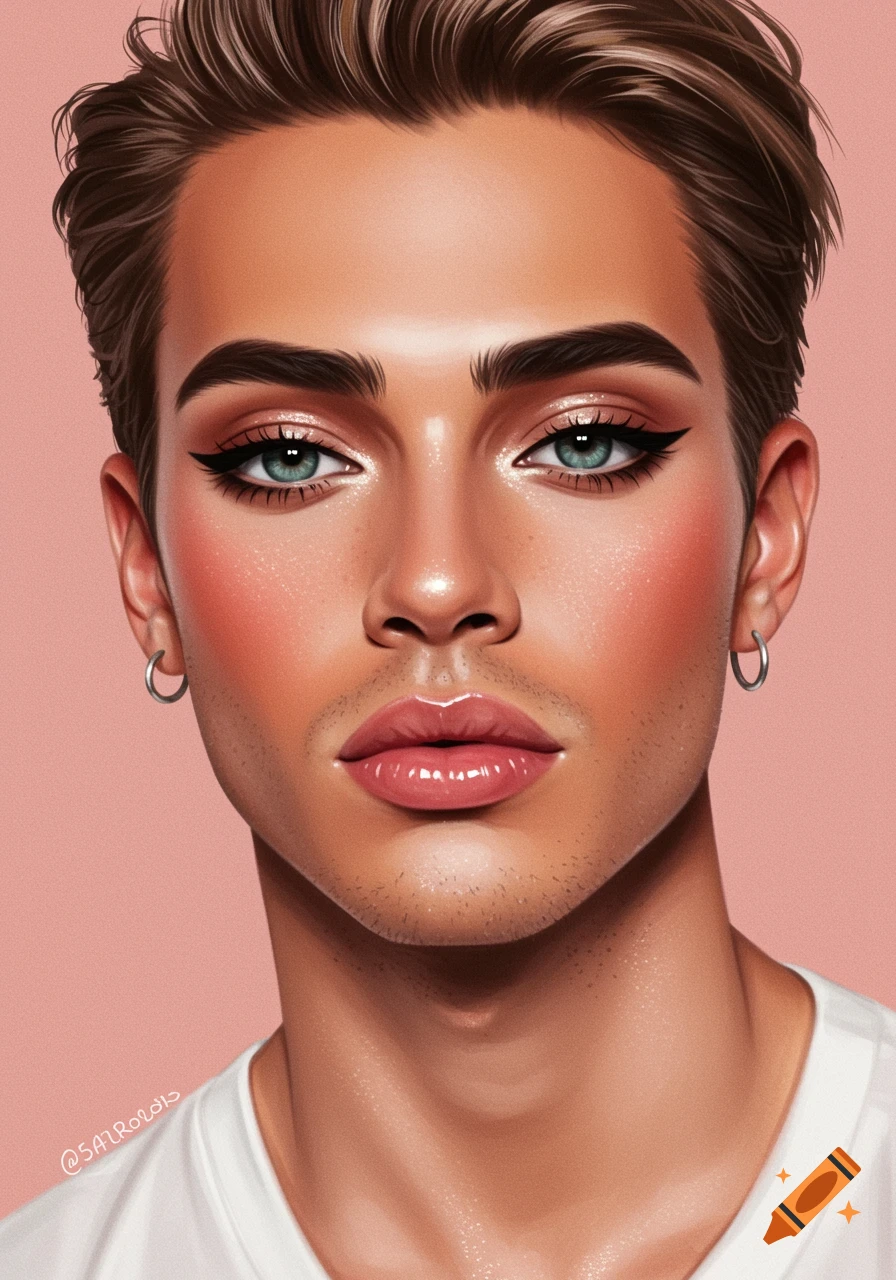 Stylized portrait of a person with peachy blush, smoky eyeshadow, and glossy lips