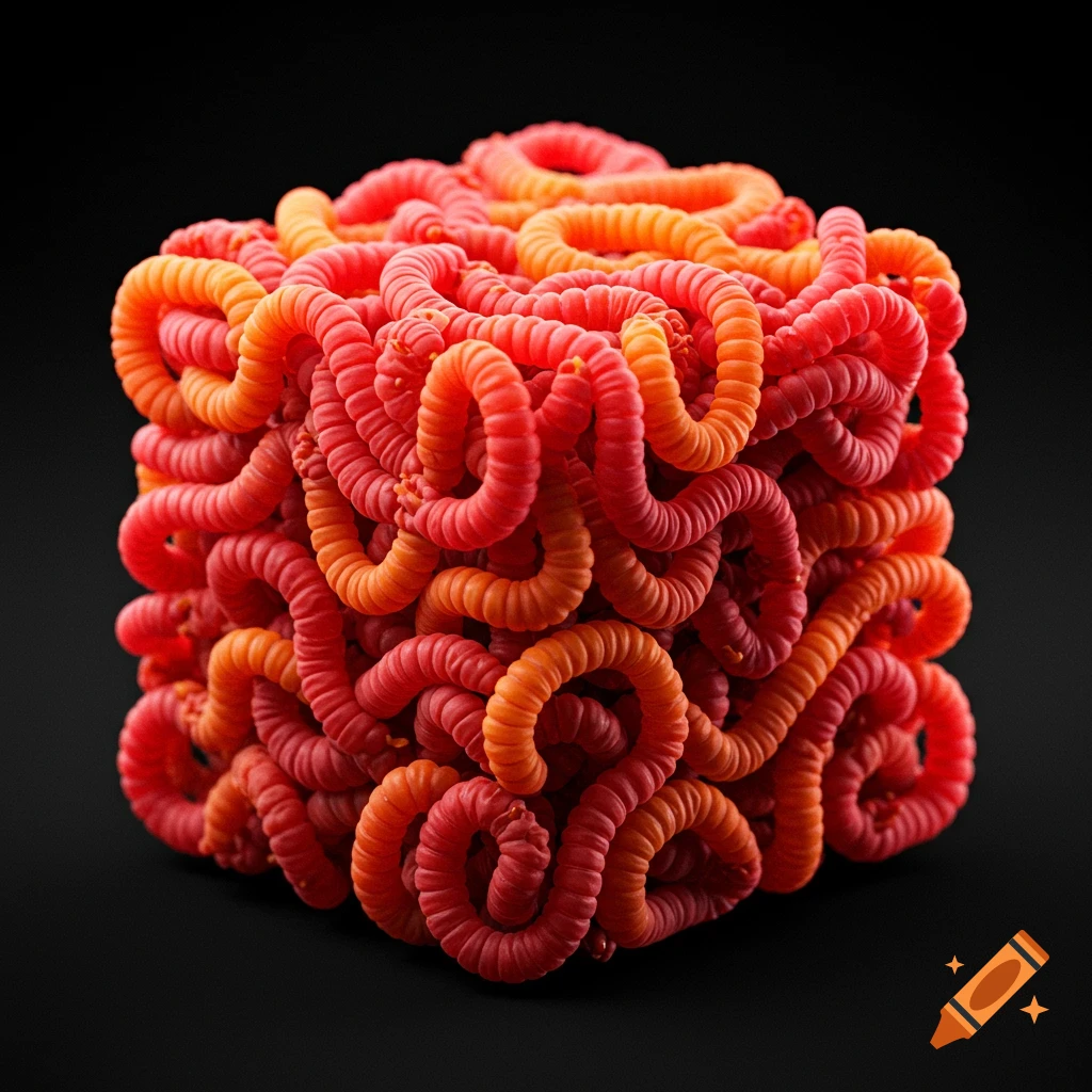 A cube formed by many intertwined red and orange worm-like shapes.