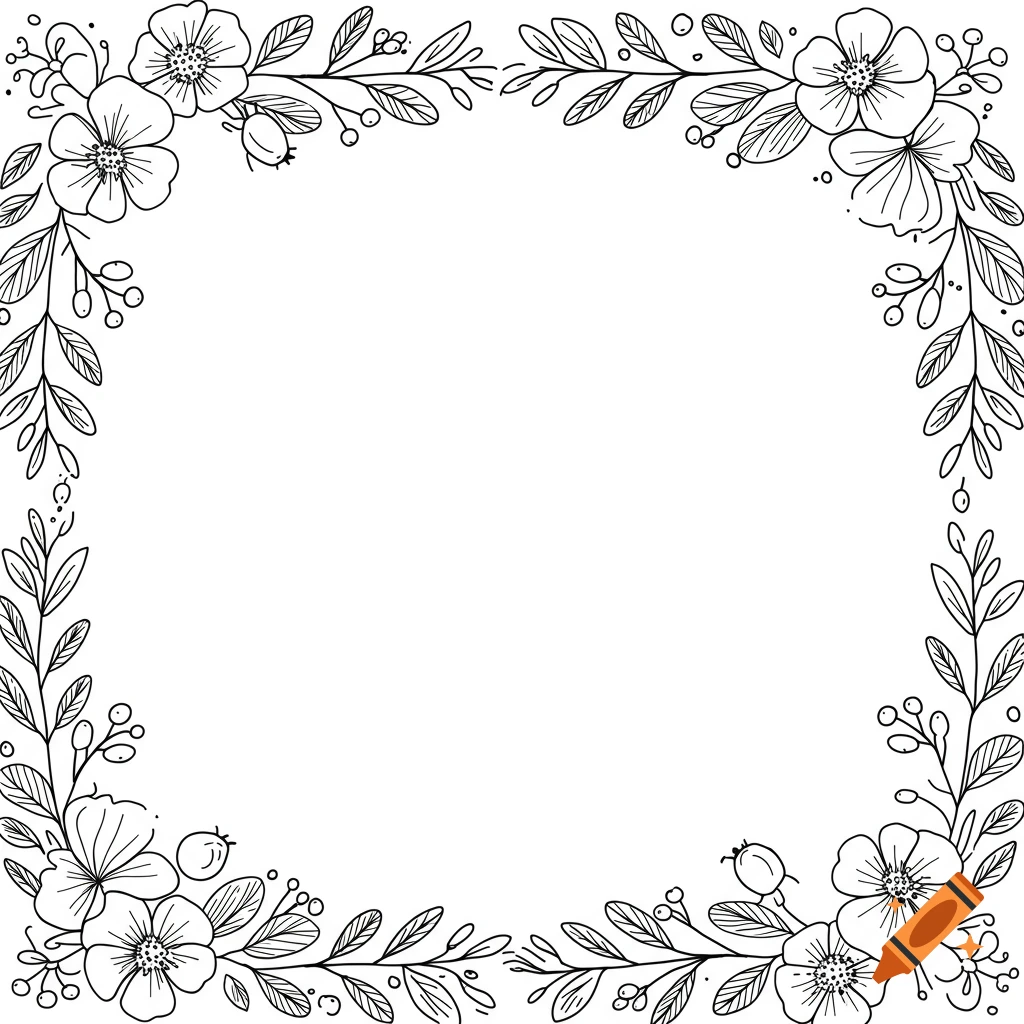 Black line art floral frame with flowers, leaves, and berries.