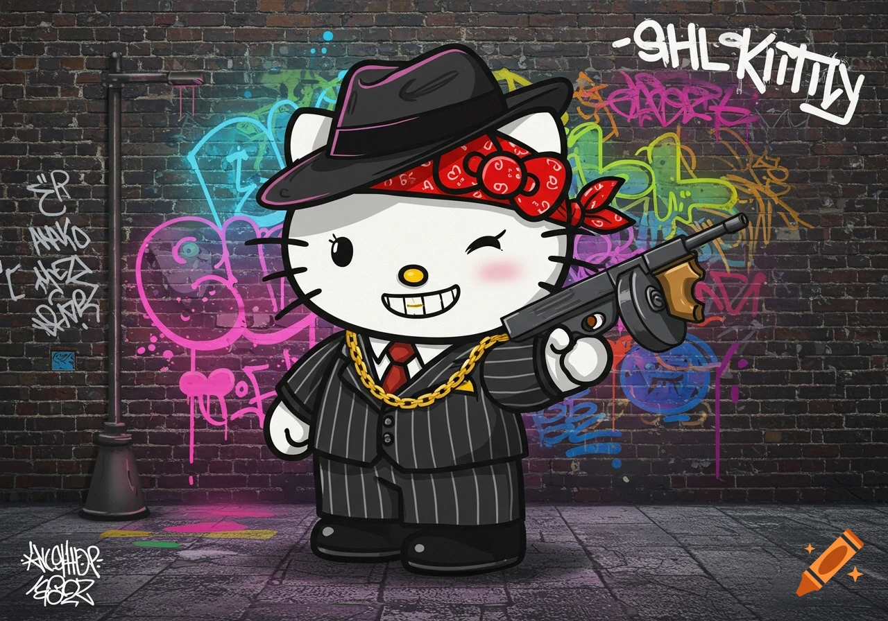 Cartoon Hello Kitty gangster with pinstripe suit, fedora, bandana, holding a submachine gun in front of graffiti brick wall.